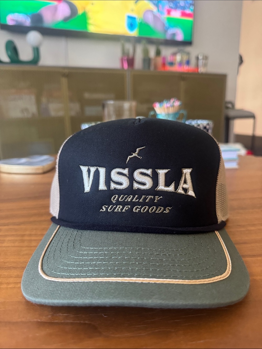 VISSLA Black Front Olive Green Bill Trucker Hat with Embroidered Logo